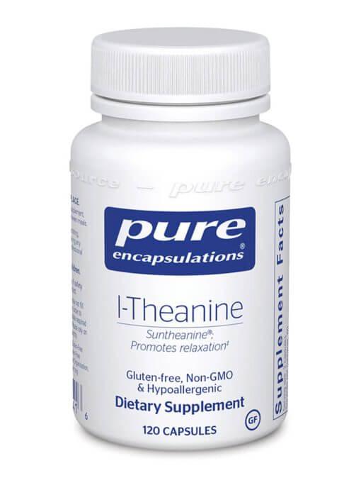 Bottle of l-Theanine dietary supplement with 120 capsules, gluten-free, non-GMO, hypoallergenic.