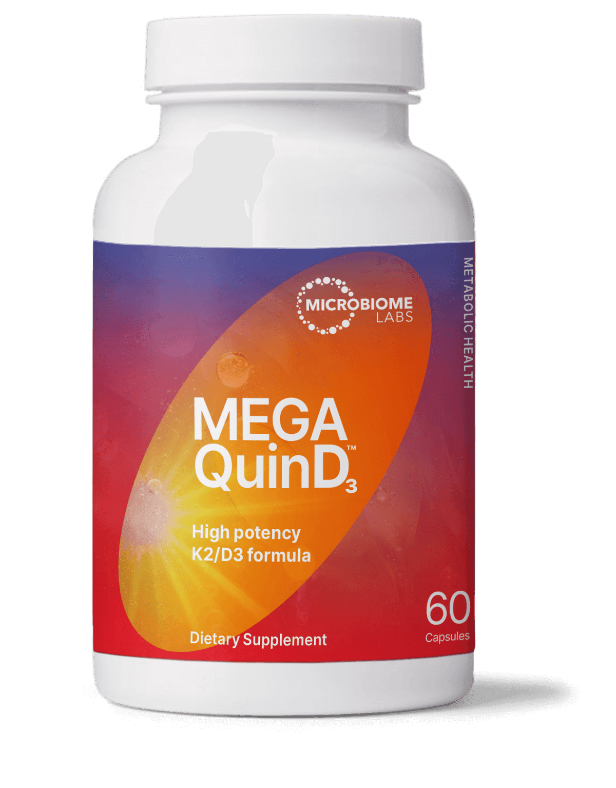 MegaQuinD3 supplement bottle, K2 D3 high potency formula, 60 capsules, dietary supplement