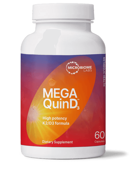 MegaQuinD3 supplement bottle, K2 D3 high potency formula, 60 capsules, dietary supplement
