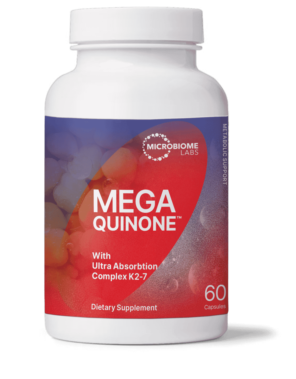 MegaQuinone dietary supplement bottle with 60 capsules, K2-7 ultra absorption complex
