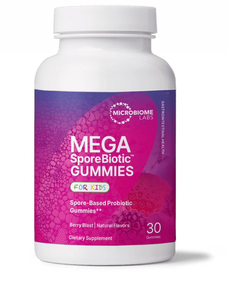 Mega SporeBiotic Gummies for kids bottle, berry blast flavor, probiotic dietary supplement, 30 count