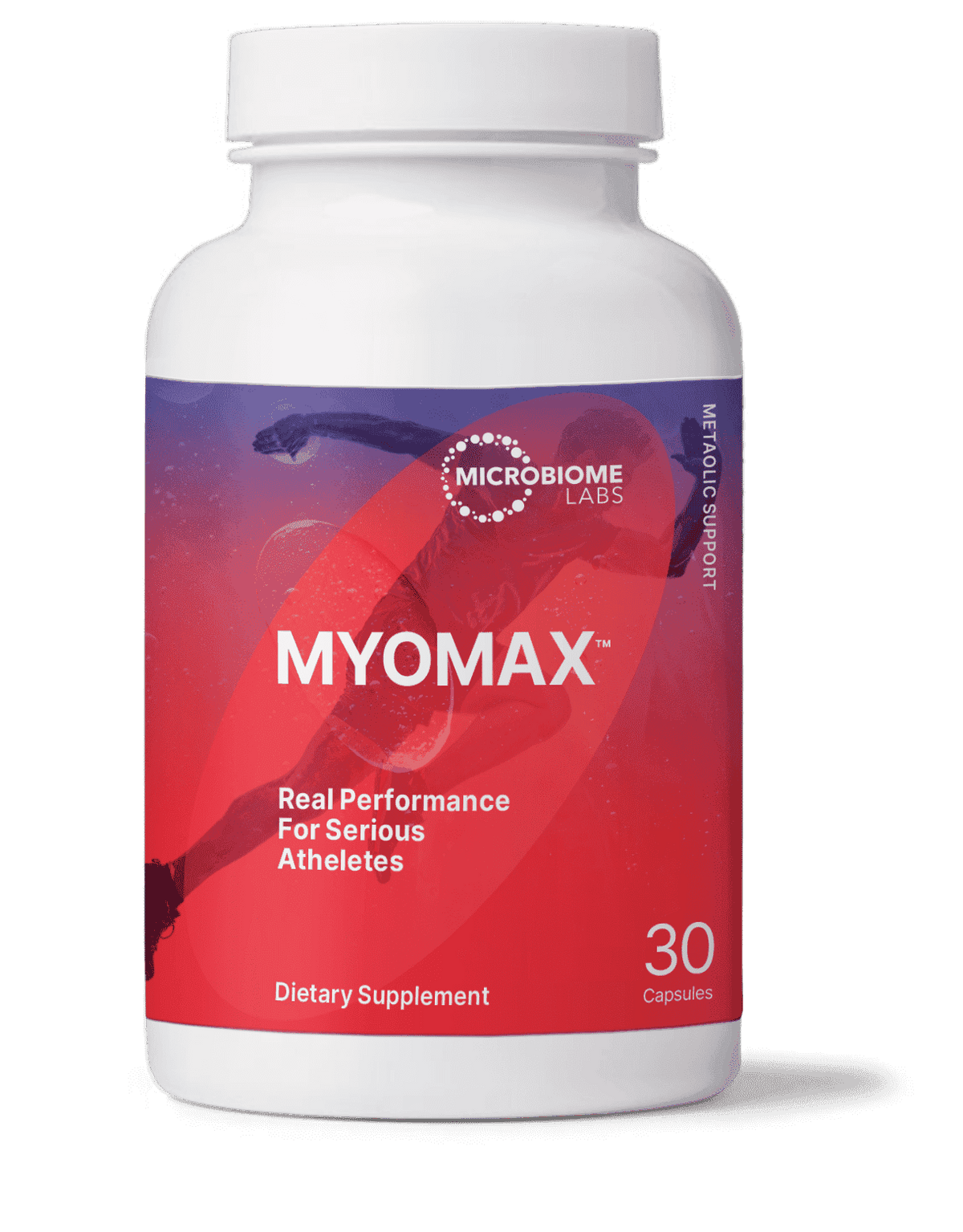 MyoMax dietary supplement bottle for athletes, 30 capsules, metabolic support