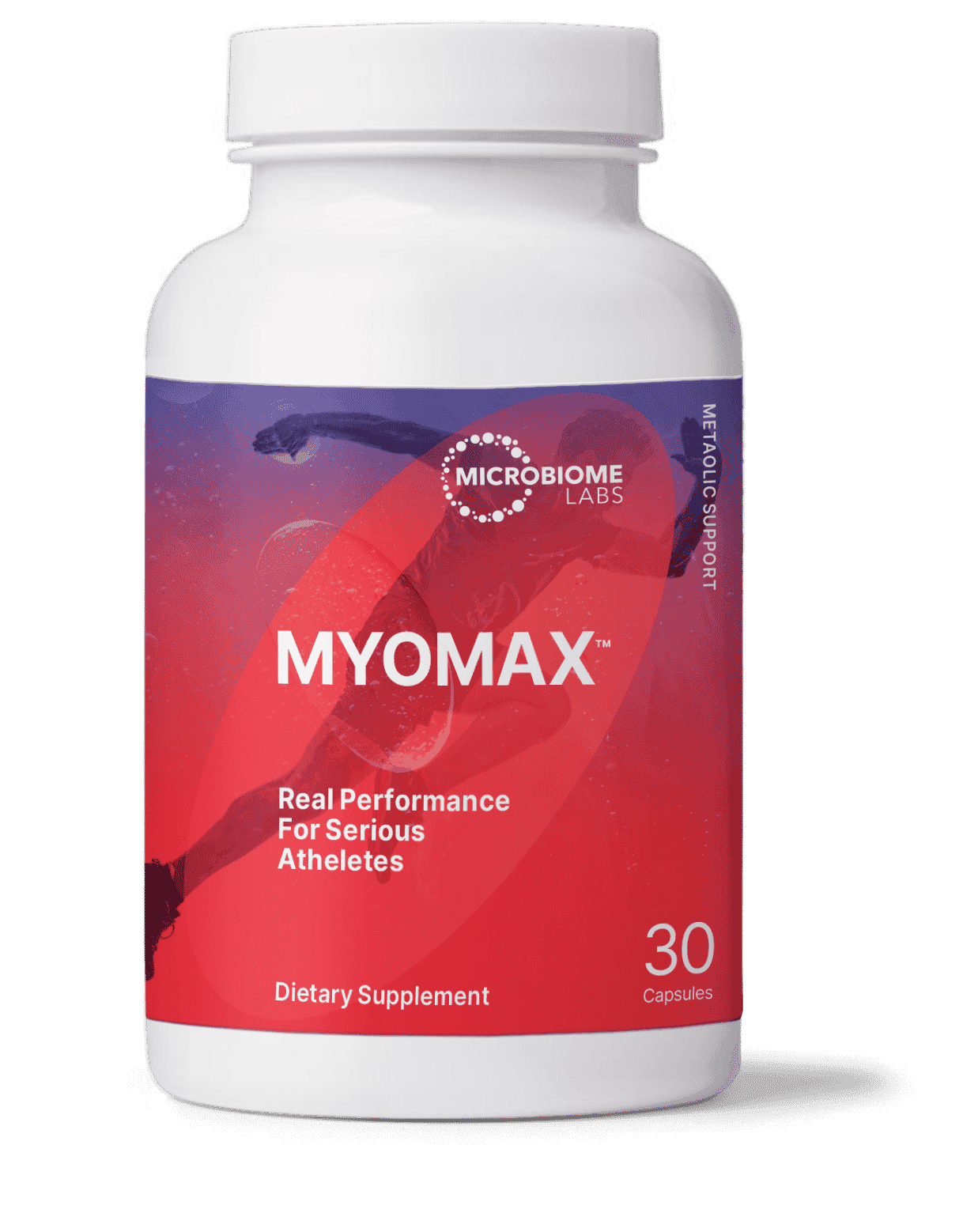 MyoMax dietary supplement bottle for athletes, 30 capsules, metabolic support