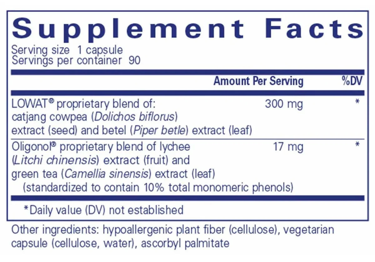 Supplement Facts label for capsule with catjang cowpea, betel, lychee, green tea extracts.