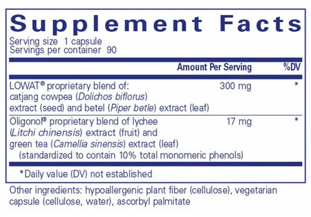 Supplement Facts label for capsule with catjang cowpea, betel, lychee, green tea extracts.