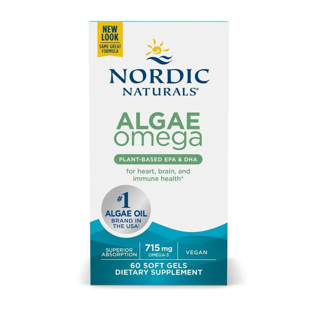 Nordic Naturals Algae Omega 60 soft gels box, plant-based EPA DHA omega-3 supplement