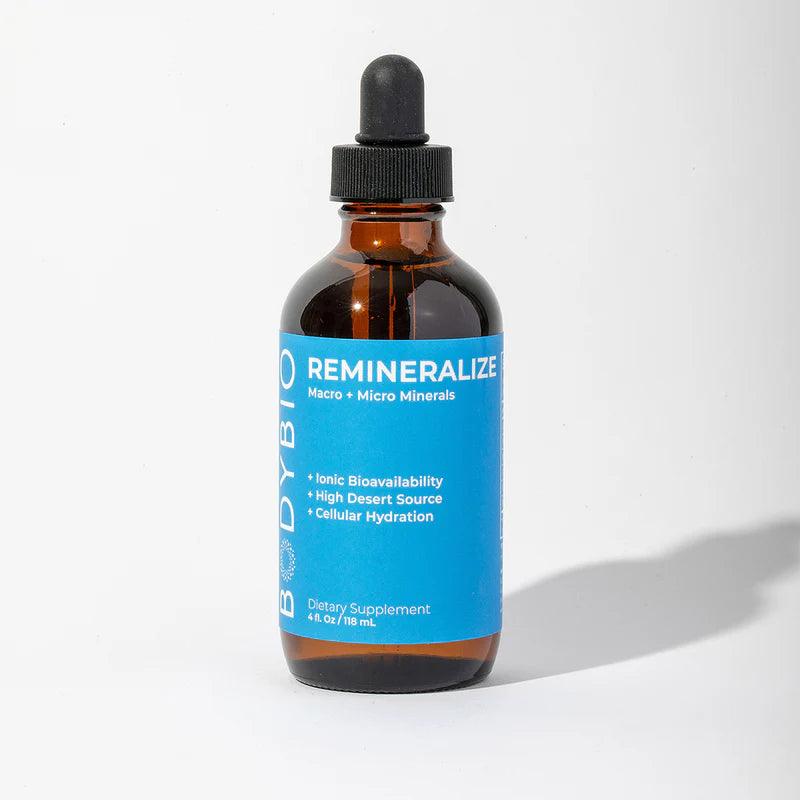 Dropper bottle labeled Remineralize macro and micro minerals dietary supplement