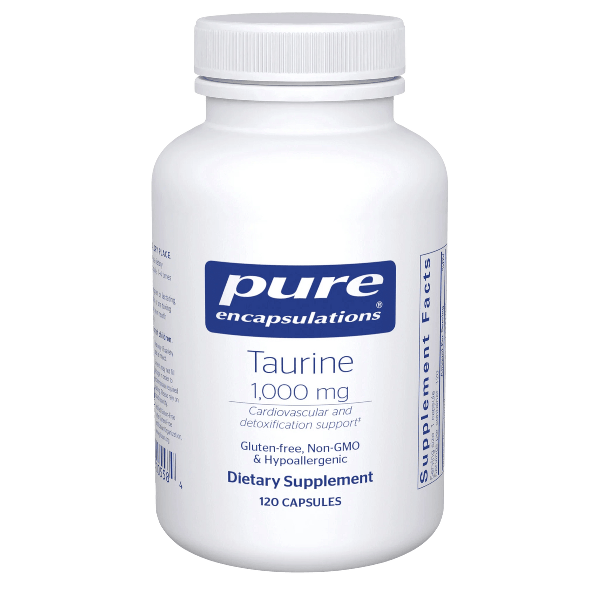 Pure Encapsulations Taurine 1000 mg dietary supplement bottle, 120 capsules, white label