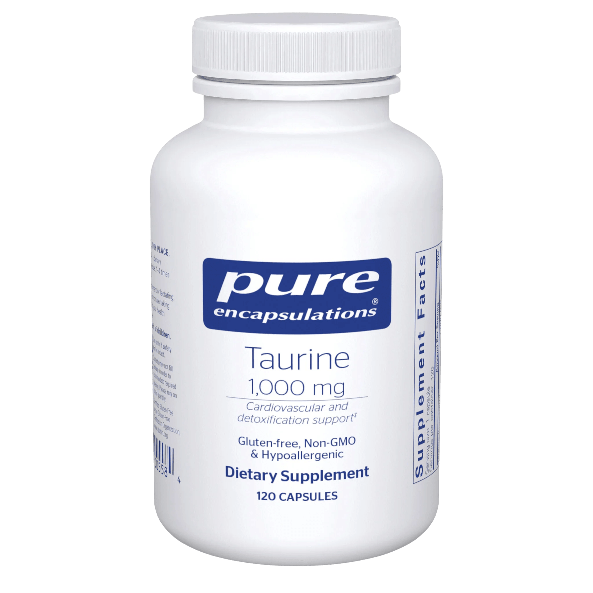 Pure Encapsulations Taurine 1000 mg dietary supplement bottle, 120 capsules, white label