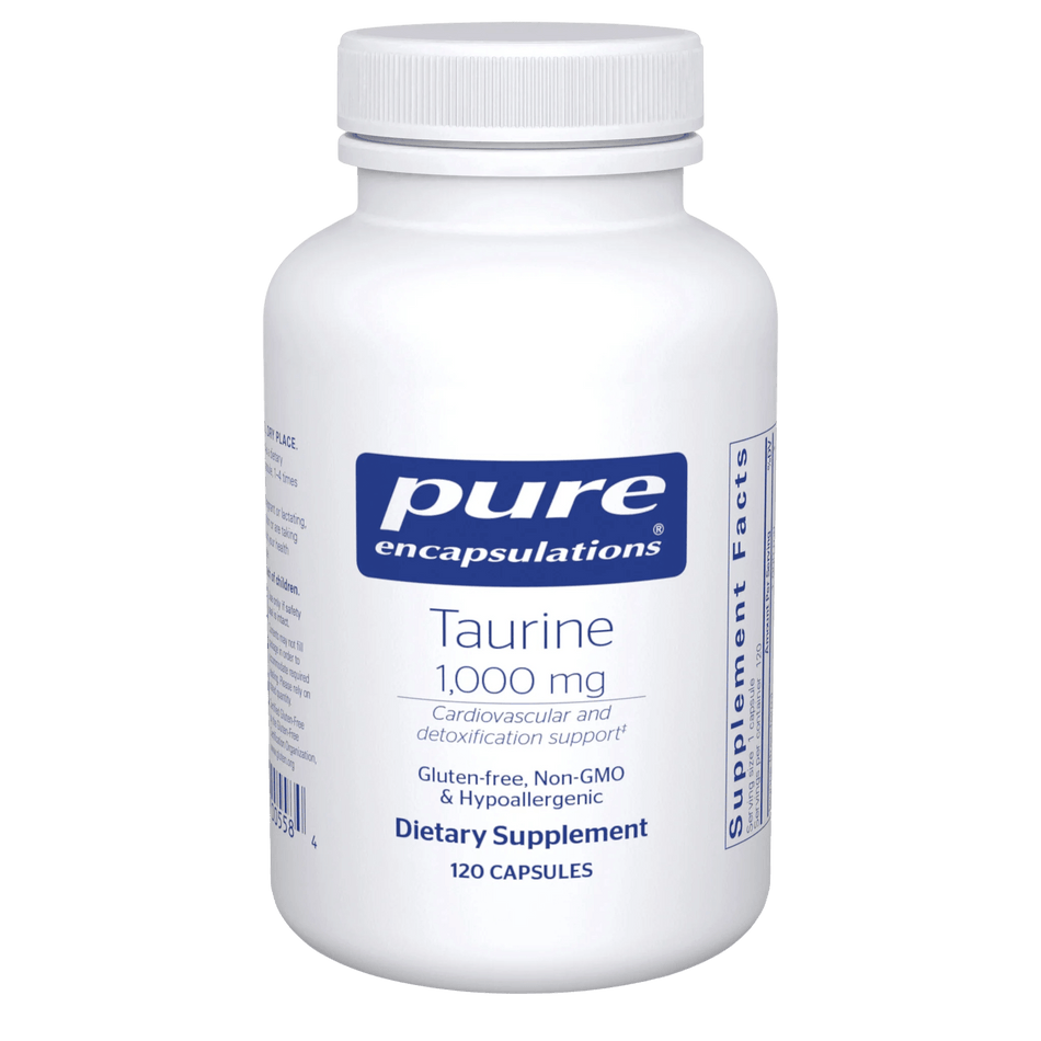 Pure Encapsulations Taurine 1000 mg dietary supplement bottle, 120 capsules, white label