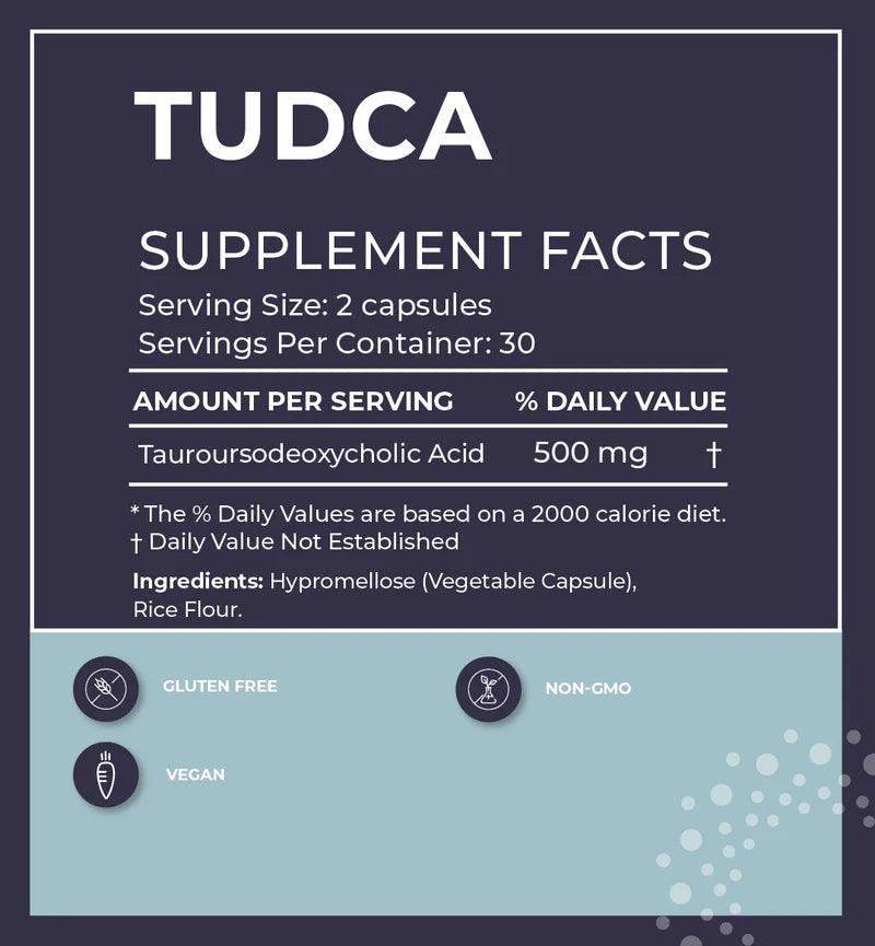 TUDCA supplement facts panel showing tauroursodeoxycholic acid capsules, vegan, gluten-free, non-GMO.