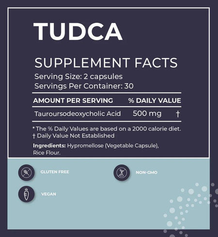 TUDCA supplement facts panel showing tauroursodeoxycholic acid capsules, vegan, gluten-free, non-GMO.