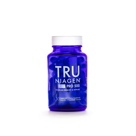 Blue bottle of Tru Niagen Pro 500 containing 30 vegetarian supplement capsules