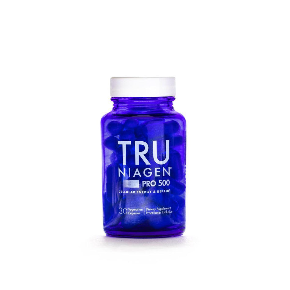 Blue bottle of Tru Niagen Pro 500 containing 30 vegetarian supplement capsules