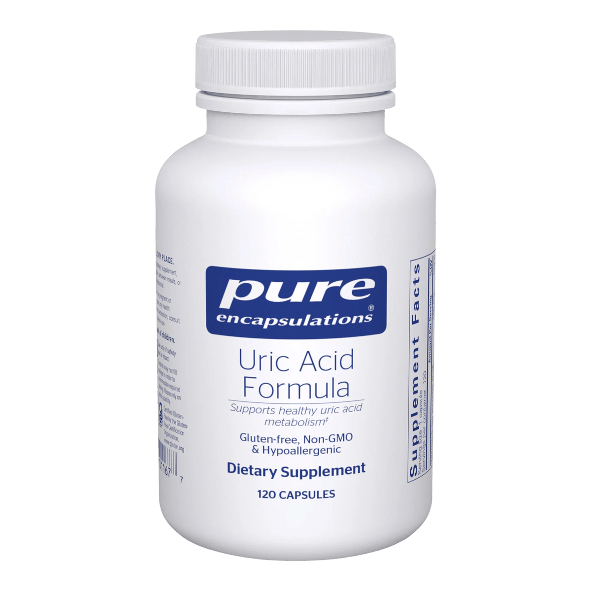 Pure Encapsulations Uric Acid Formula dietary supplement bottle, 120 capsules, gluten-free