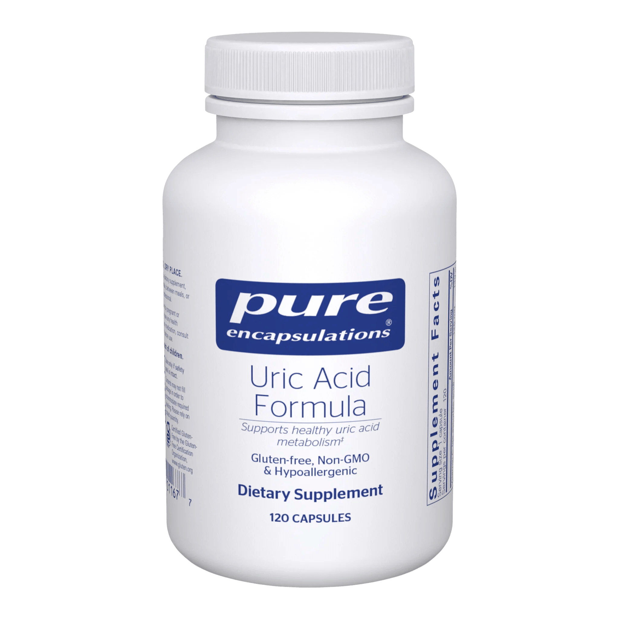 Pure Encapsulations Uric Acid Formula dietary supplement bottle, 120 capsules, gluten-free