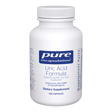 Pure Encapsulations Uric Acid Formula dietary supplement bottle, 120 capsules, gluten-free