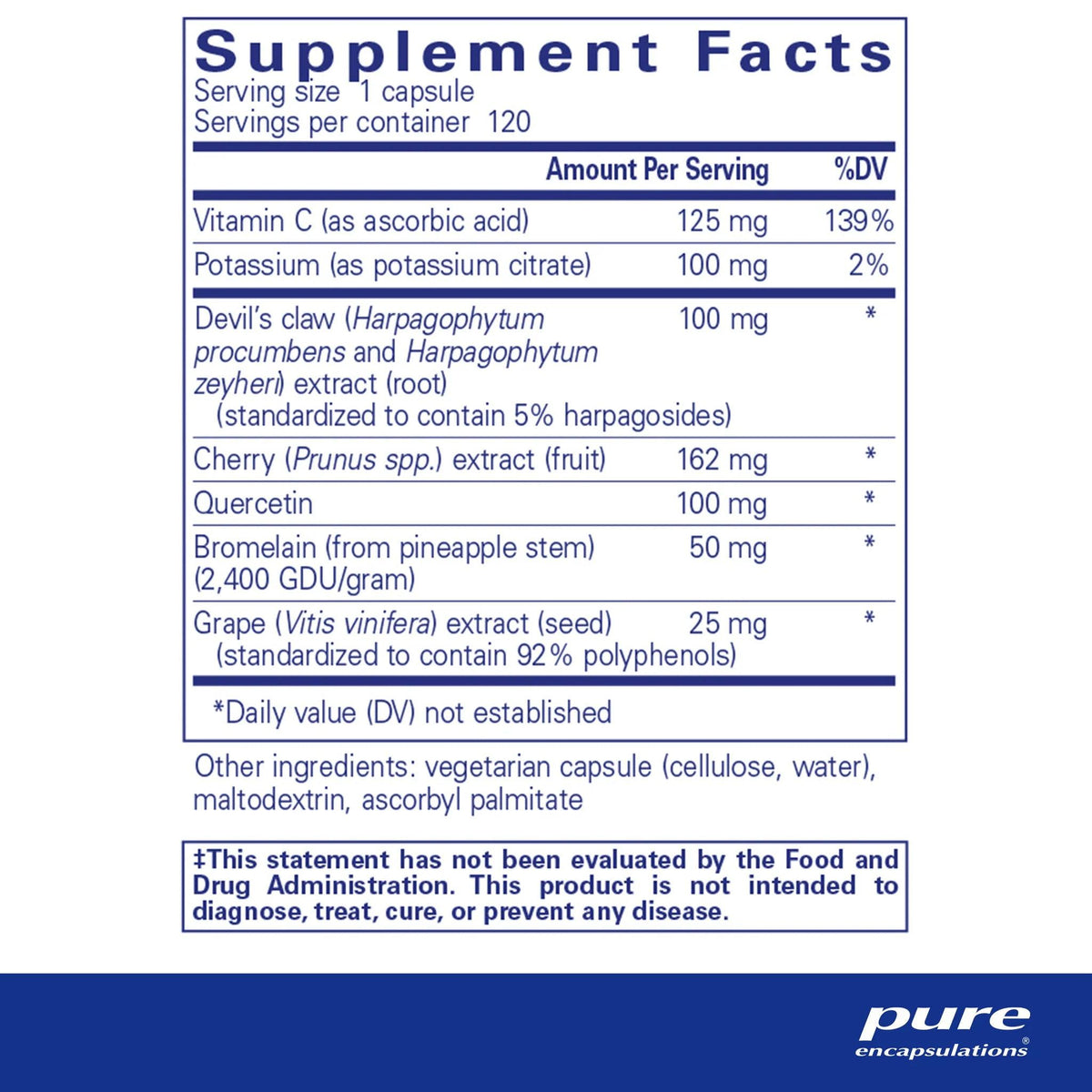 Supplement facts label showing ingredients like vitamin C, potassium, cherry extract, and quercetin.