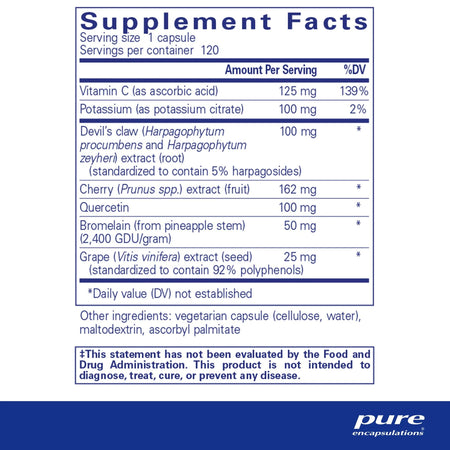Supplement facts label showing ingredients like vitamin C, potassium, cherry extract, and quercetin.