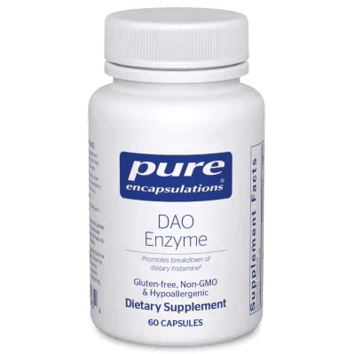 DAO Enzyme dietary supplement bottle, 60 capsules, gluten-free, non-GMO, hypoallergenic.