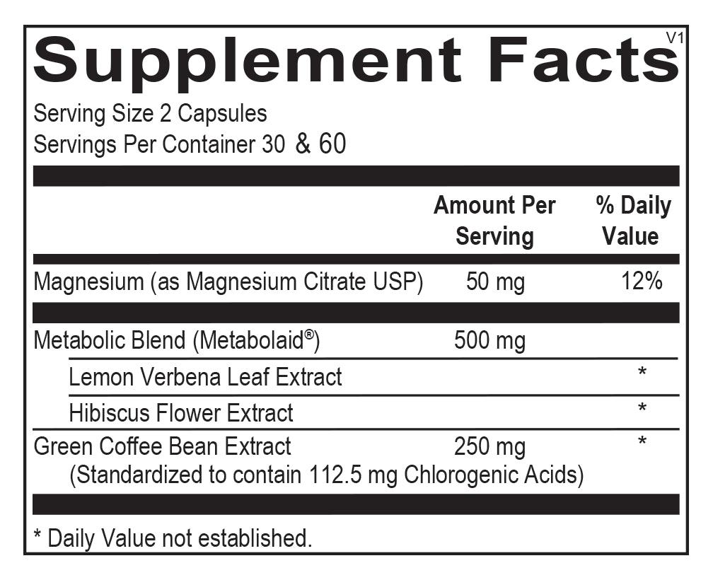 Supplement facts label showing magnesium, metabolic blend with lemon verbena and hibiscus, and green coffee bean extract.