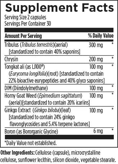 Supplement facts label listing ingredients like Tribulus, Chrysin, Tongkat Ali, DIM, Horny Goat Weed, Ginkgo Extract, and Boron.