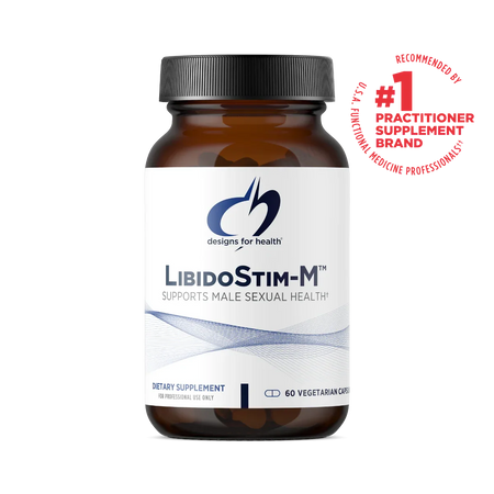 LibidoStim-M dietary supplement bottle for male sexual health with practitioner supplement badge