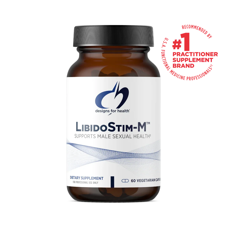 LibidoStim-M dietary supplement bottle for male sexual health with practitioner supplement badge