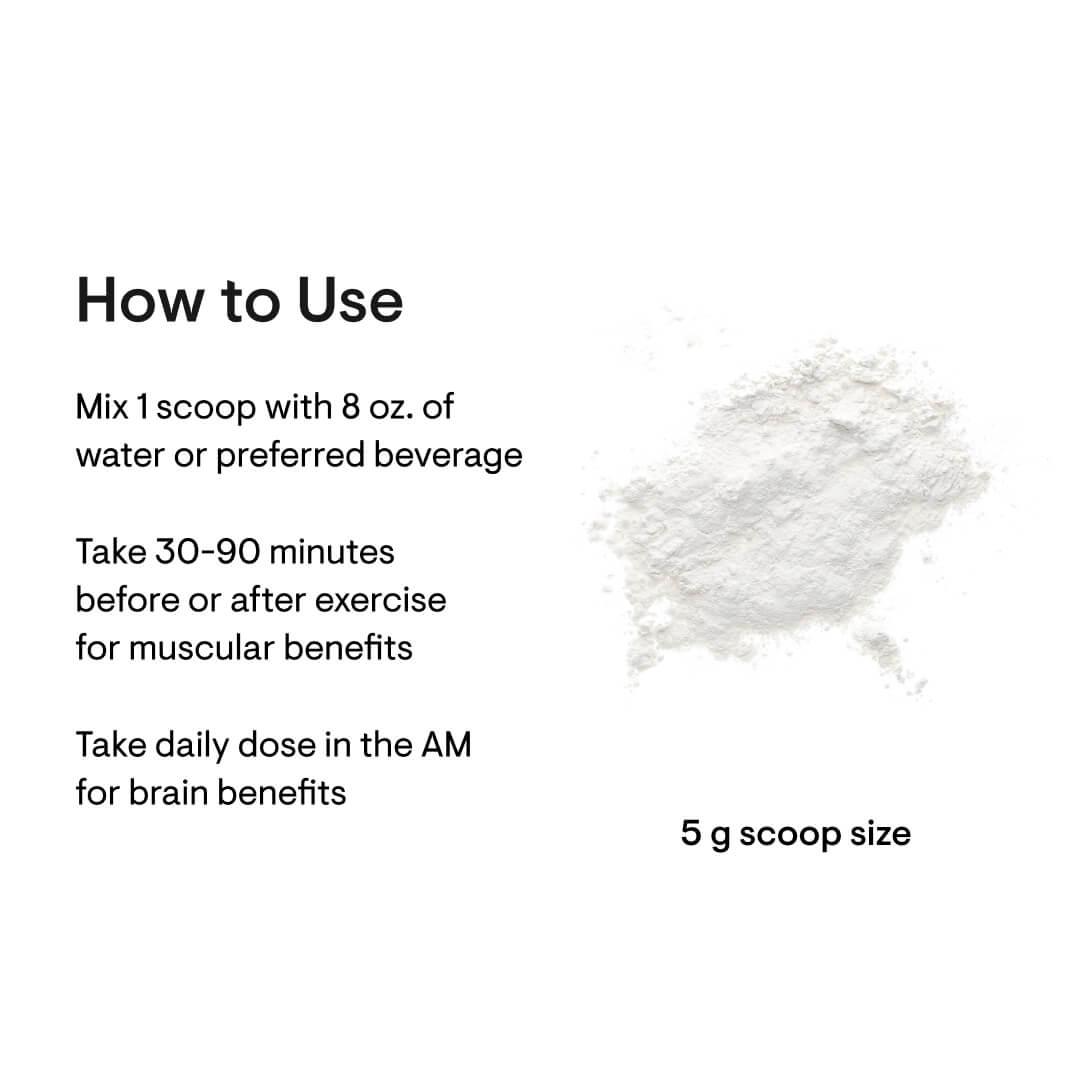 White supplement powder with dosage instructions, benefits for brain and muscles, 5g scoop size
