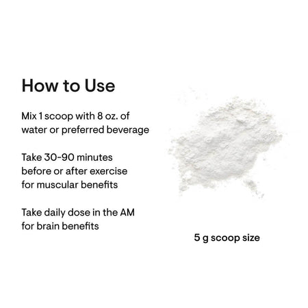 White supplement powder with dosage instructions, benefits for brain and muscles, 5g scoop size
