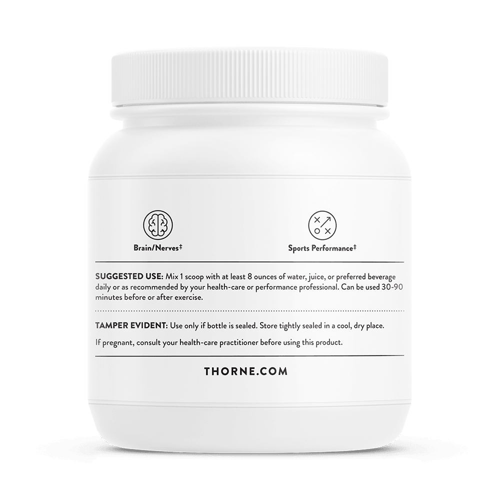 White supplement container labeled Thorne, showing directions for brain, nerves, and sports performance.