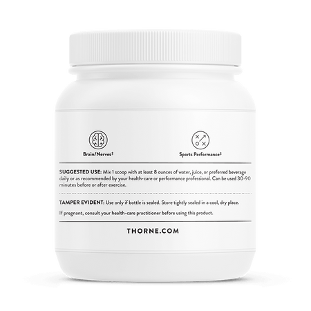 White supplement container labeled Thorne, showing directions for brain, nerves, and sports performance.