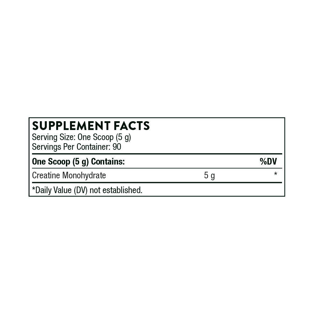 Supplement facts label for creatine monohydrate, 5g per scoop, 90 servings