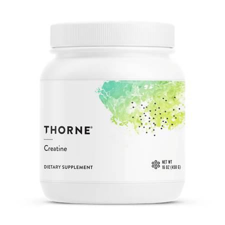 Thorne Creatine dietary supplement container, 16oz, white with green abstract design