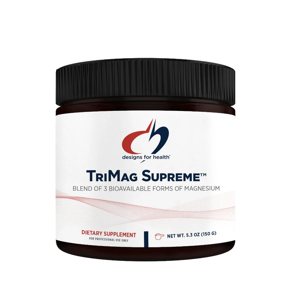 TriMag Supreme magnesium supplement powder in a dark jar with a black lid.