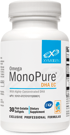 Bottle of Omega MonoPure DHA EC dietary supplement, 30 fish gelatin softgels.