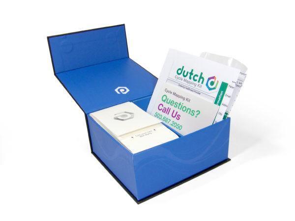 Blue DUTCH cycle mapping lab test kit box open with instruction papers and sample components