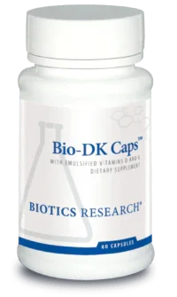 Bio-DK Caps Biotics Research supplement bottle with 60 capsules, vitamin D and K dietary support.
