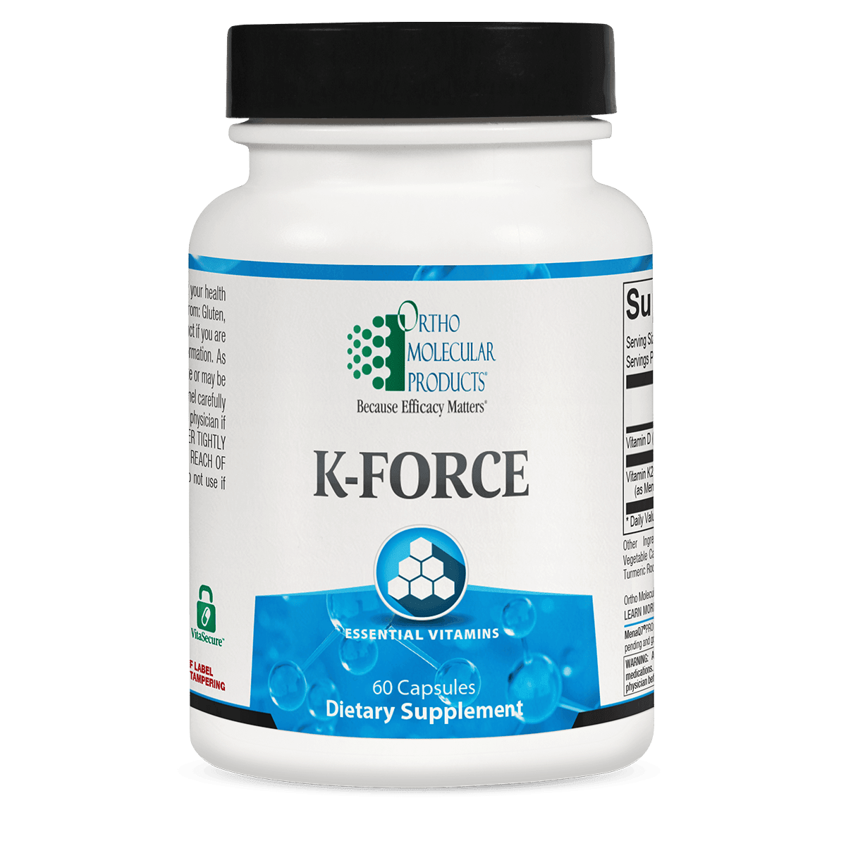 K-FORCE essential vitamins dietary supplement bottle with 60 capsules, white and blue label.