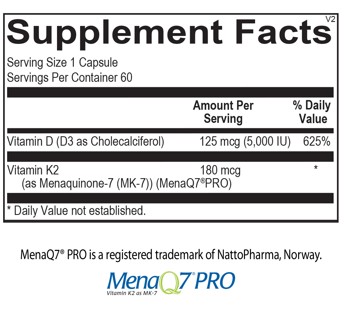 Supplement facts label for capsule with 125 mcg vitamin D3 and 180 mcg vitamin K2 per serving.