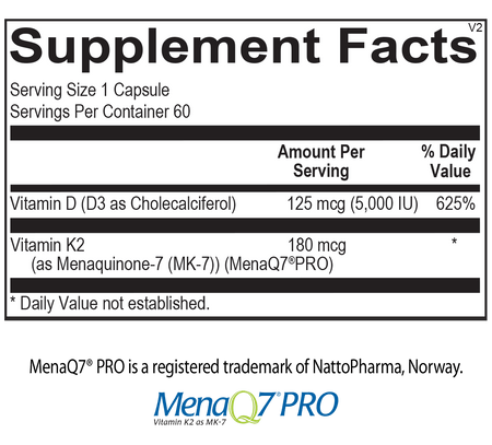 Supplement facts label for capsule with 125 mcg vitamin D3 and 180 mcg vitamin K2 per serving.