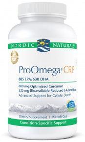 Nordic Naturals ProOmega CRP supplement bottle with EPA, DHA, curcumin, and L-glutathione