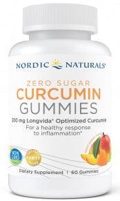 Bottle of zero sugar curcumin gummies dietary supplement with mango images on the label