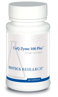 CoQ-Zyme 100 Plus dietary supplement bottle Biotics Research, 60 capsules