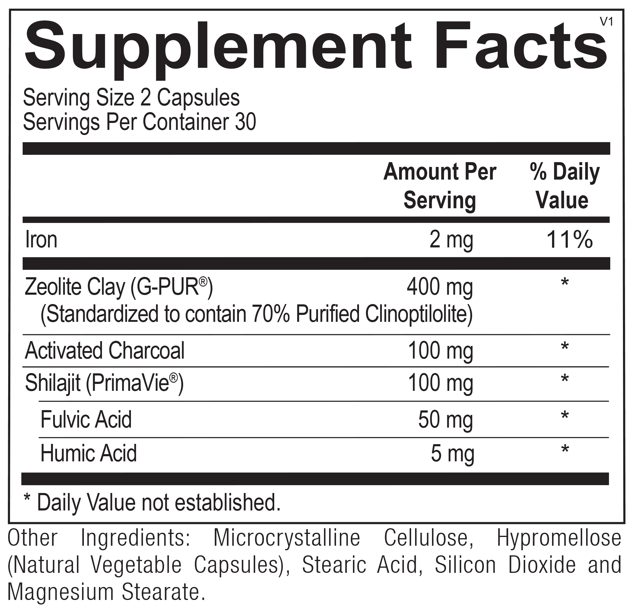Supplement facts label for capsules with iron, zeolite clay, activated charcoal, shilajit.