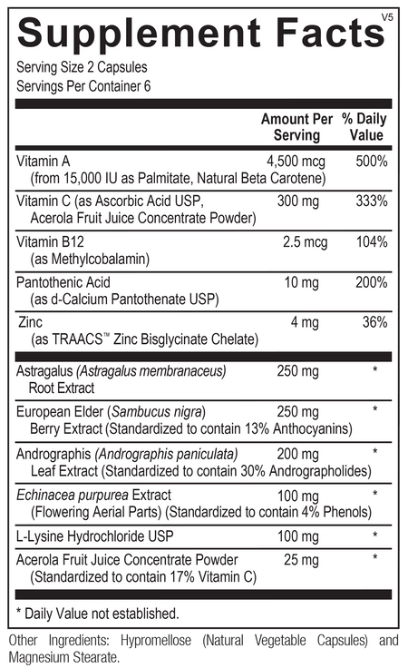 Supplement facts label showing vitamin A, C, B12, zinc, elderberry, astragalus, echinacea.