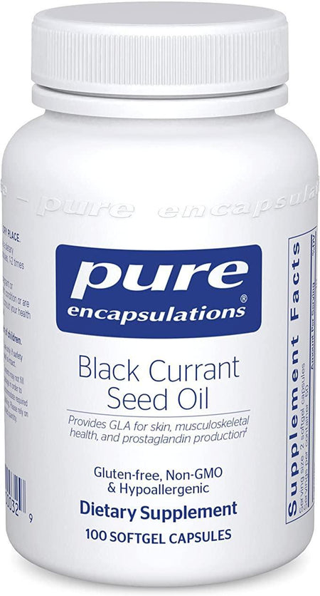 Black Currant Seed Oil dietary supplement bottle with 100 softgel capsules, gluten-free, non-GMO.