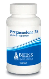 Pregnenolone 25 dietary supplement bottle with blue label and white cap
