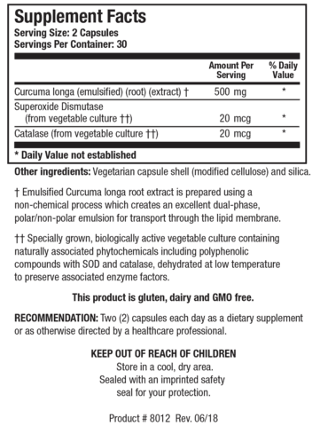 Supplement Facts label showing ingredients including turmeric root extract and broccoli and cauliflower vegetable cultures.