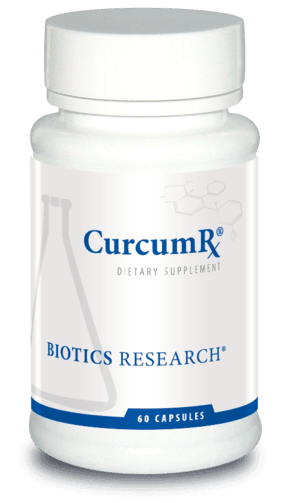 CurcumRx dietary supplement bottle, Biotics Research, 60 capsules, white container